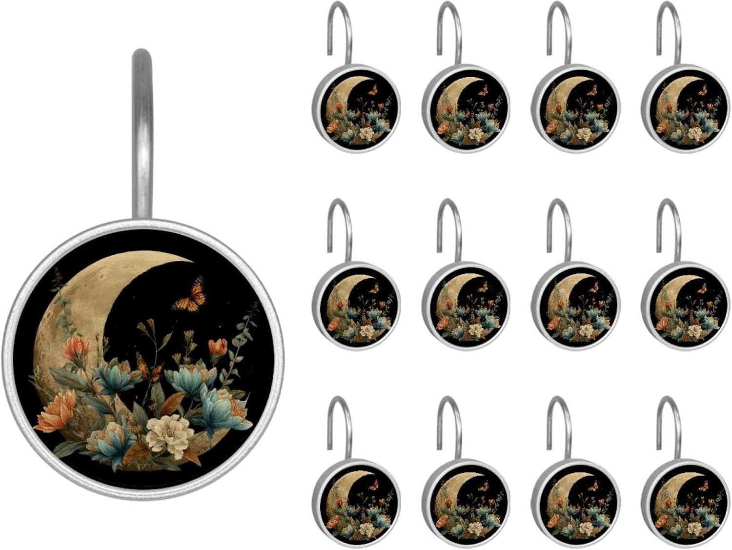 12PCS Aesthetic Moon Phase Nature Flower Plant Shower Curtain Hooks Rings for Bathroom, Decorative Shower Curtain Hooks Rods Curtains and Liner