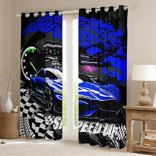 Miniatura 2 de Feelyou Cortinas opacas azules de coche de carreras, cortinas opacas para niños y niñas, cortinas de ventana de auto de carreras, tratamiento de