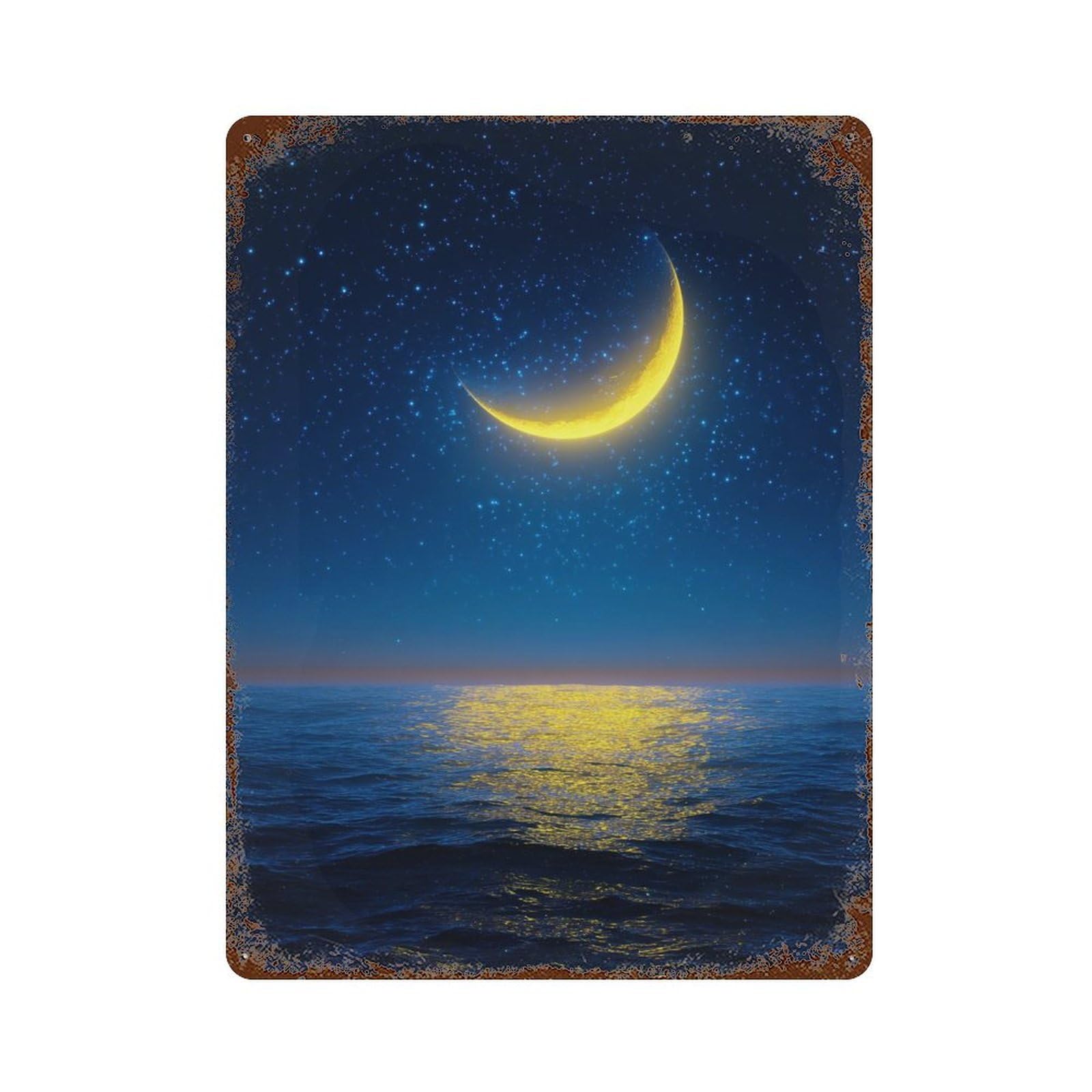 Ocean Moonlit Night Sky Weathered Tin Sign 15.7"x11.8", Rustic Home Decor for Garage, Pub Or Kitchen