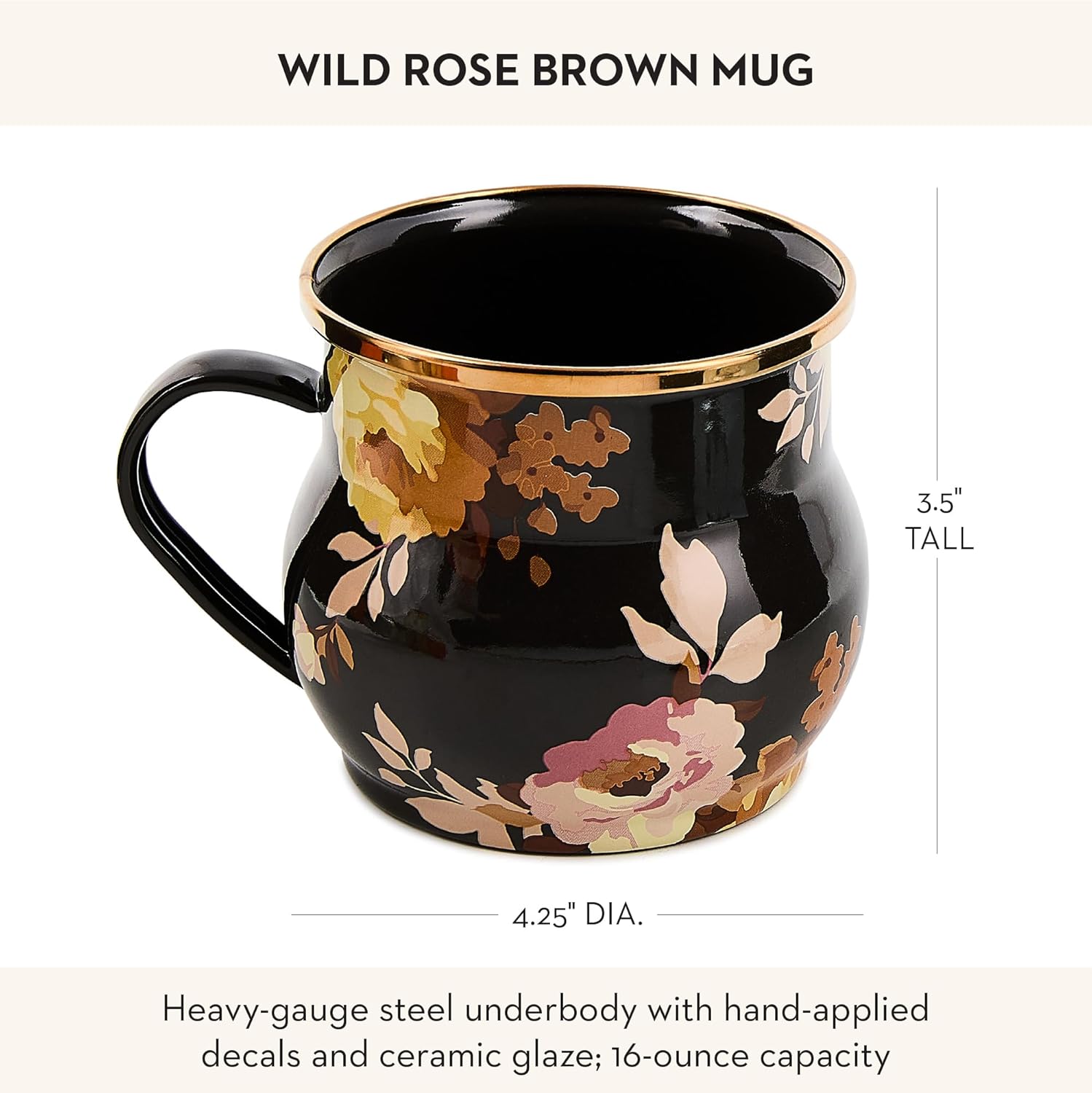 MACKENZIE-CHILDS Enamel Mug, Cute Enamelware Tea or Coffee Mug, Wild Rose Brown - Image 4