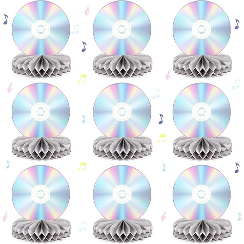 Containlol 9 Pcs 90s Party Decorations Cd Disco Honeycomb Centerpieces Y2k 2000s Table Centerpieces Iridescent Table Toppers for 1990's 2000s Music Birthday Party Favors Supplies