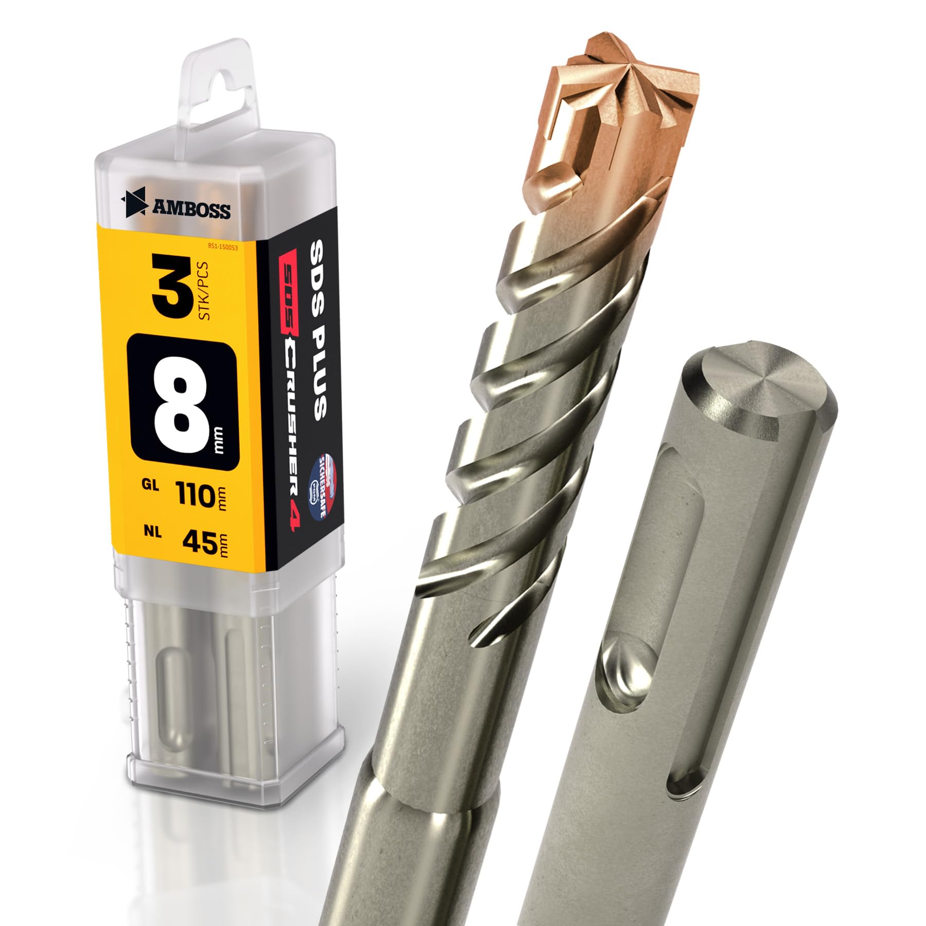 SDS Plus - Broca para martillo perforador, 1 unidad, diámetro de 8,0 mm x 45 mm, AMBOSS SDS Crusher 4 - Broca HM para hormigón, metal duro, broca profesional, 8,0 mm x 45 mm, broca para piedra,