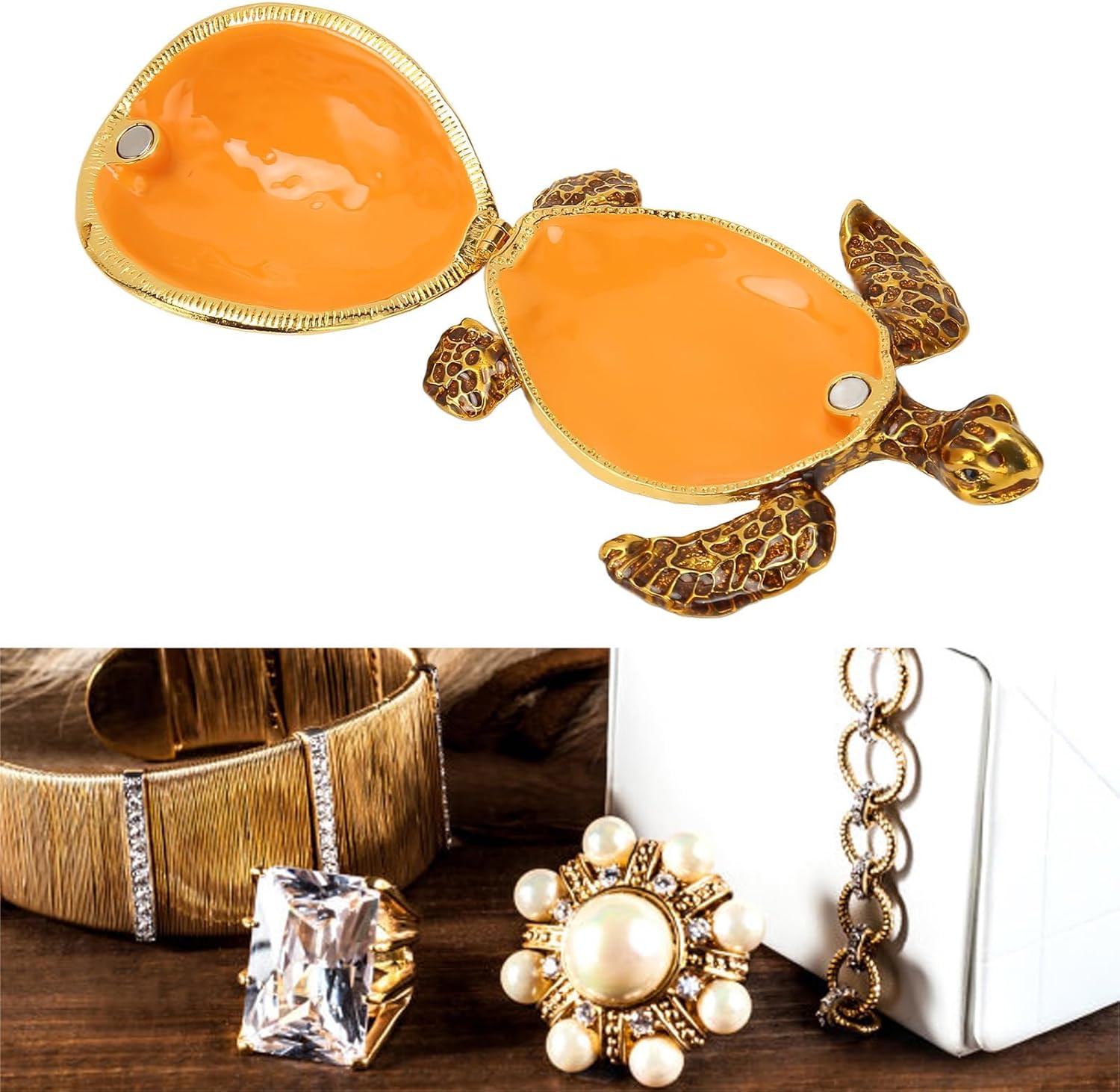 Tortoise Trinket Box,Turtle Trinket Jewelry Box, Hinged Trinket Box, Embedded Rhinestone Zinc Alloy Bright Colors Multi Purpose Bejeweled Box for Home Dressing Table