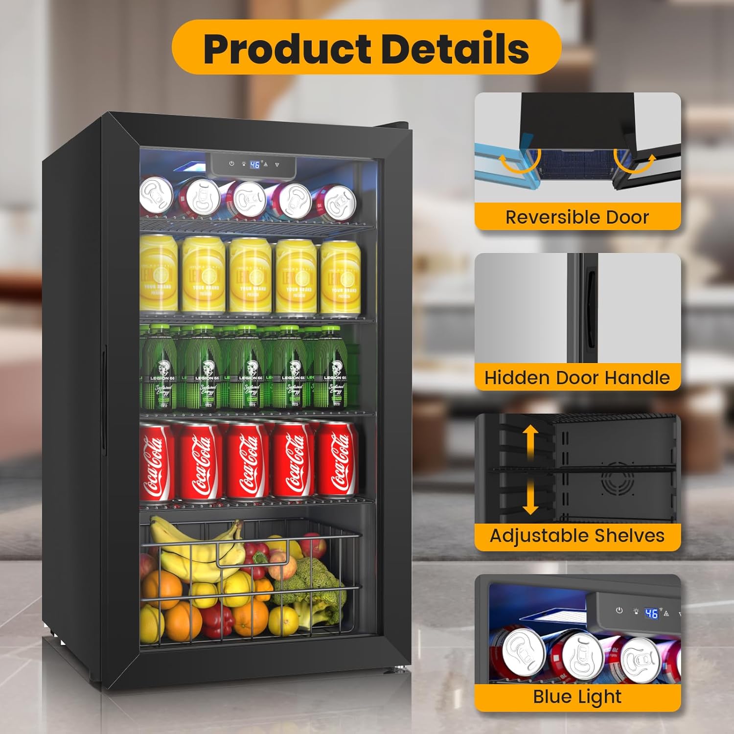 Black Mini fridge,116 Can Beverage Refrigerator Cooler,3.2 Cu.Ft Drink Fridge for Soda Wine Beer, Glass Reversible Door Adjustable Shelves & Digital Temperature Display