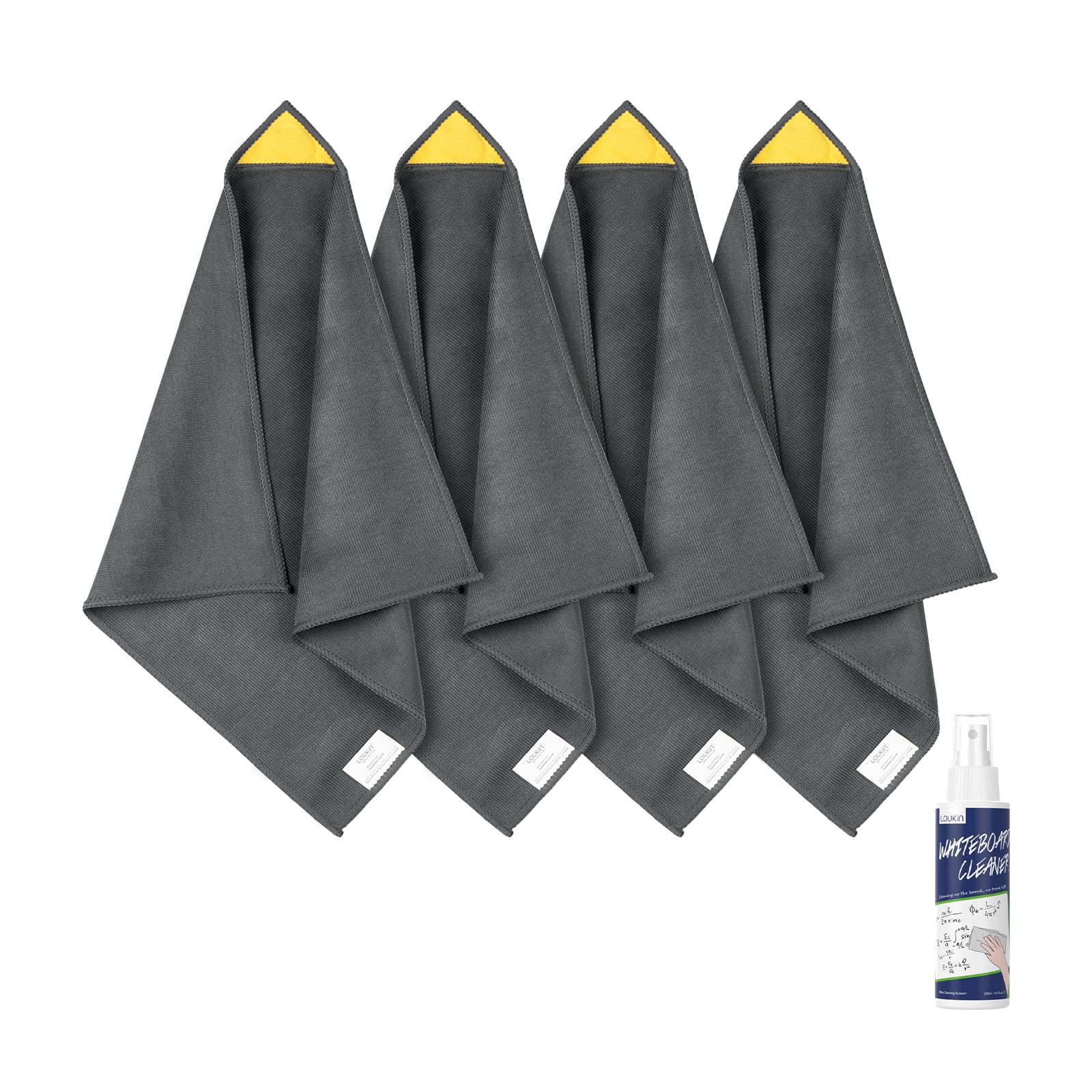 loukin 4 Piezas Paños Magnéticos para Limpieza de Pizarra Blanca, Reutilizables y Lavables, 30 × 30 cm, Gris, para Aula, Hogar y Oficina, Incluye 1 × 100 ml Limpiador de Pizarra Blanca
