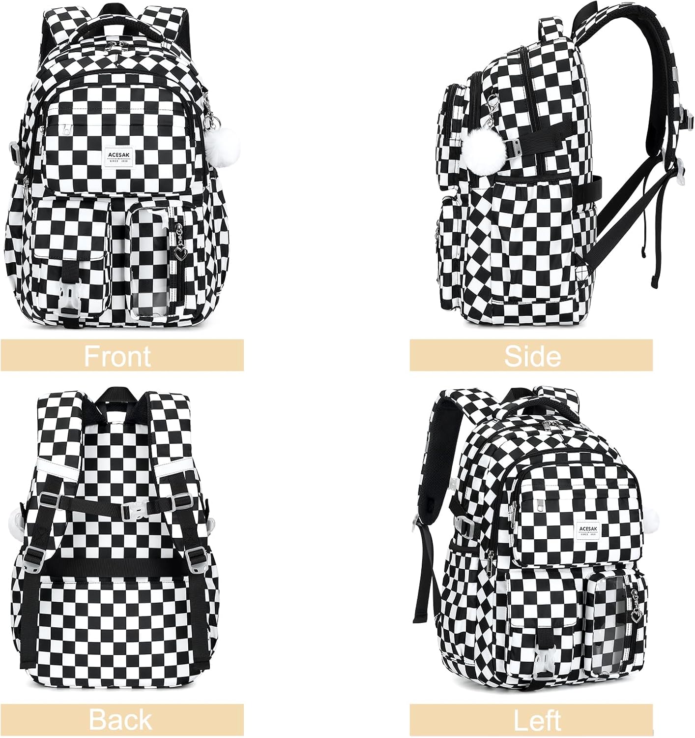  Backpack for Girls - Girls Backpack with Lunch Bag & Pencil Pouch for Teen Kids Laptop Backpack for Women, Elementary Middle High School Bookbag Travel Daypack (Black Checkered) thumbnail