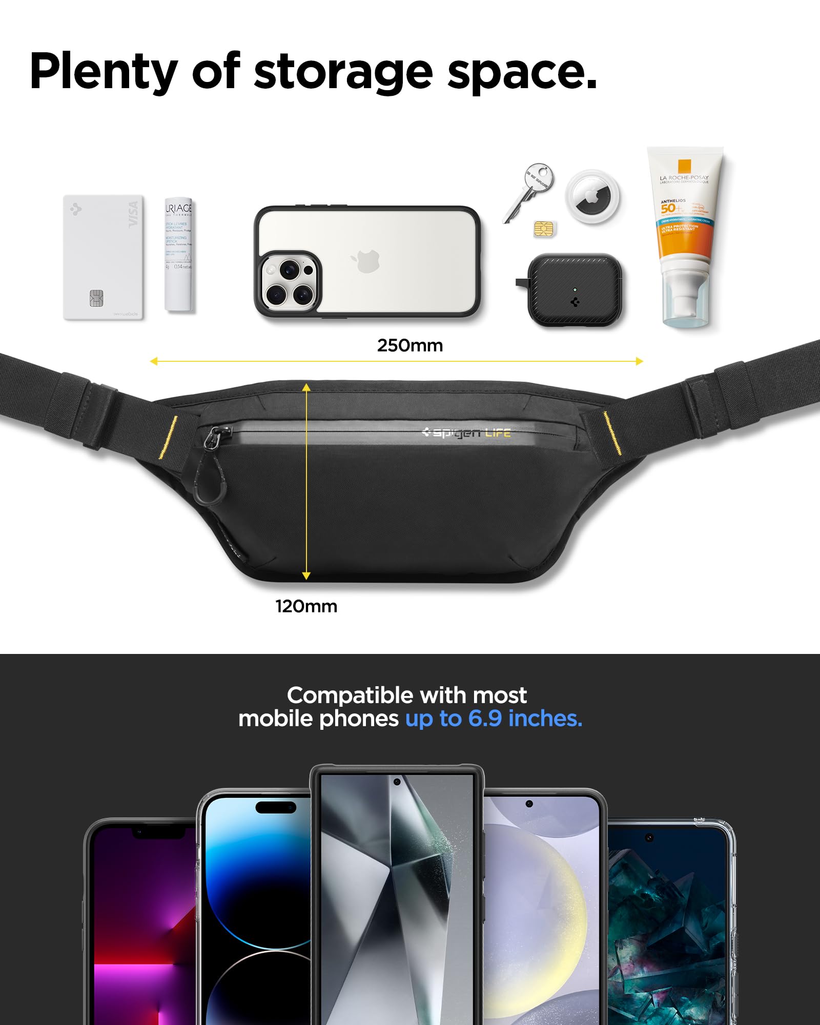 Spigen Life Klasden Sac Banane pour Femmes et Hommes, Centure de Voyage pour Les activités de Plein air et Le Sport - Noir