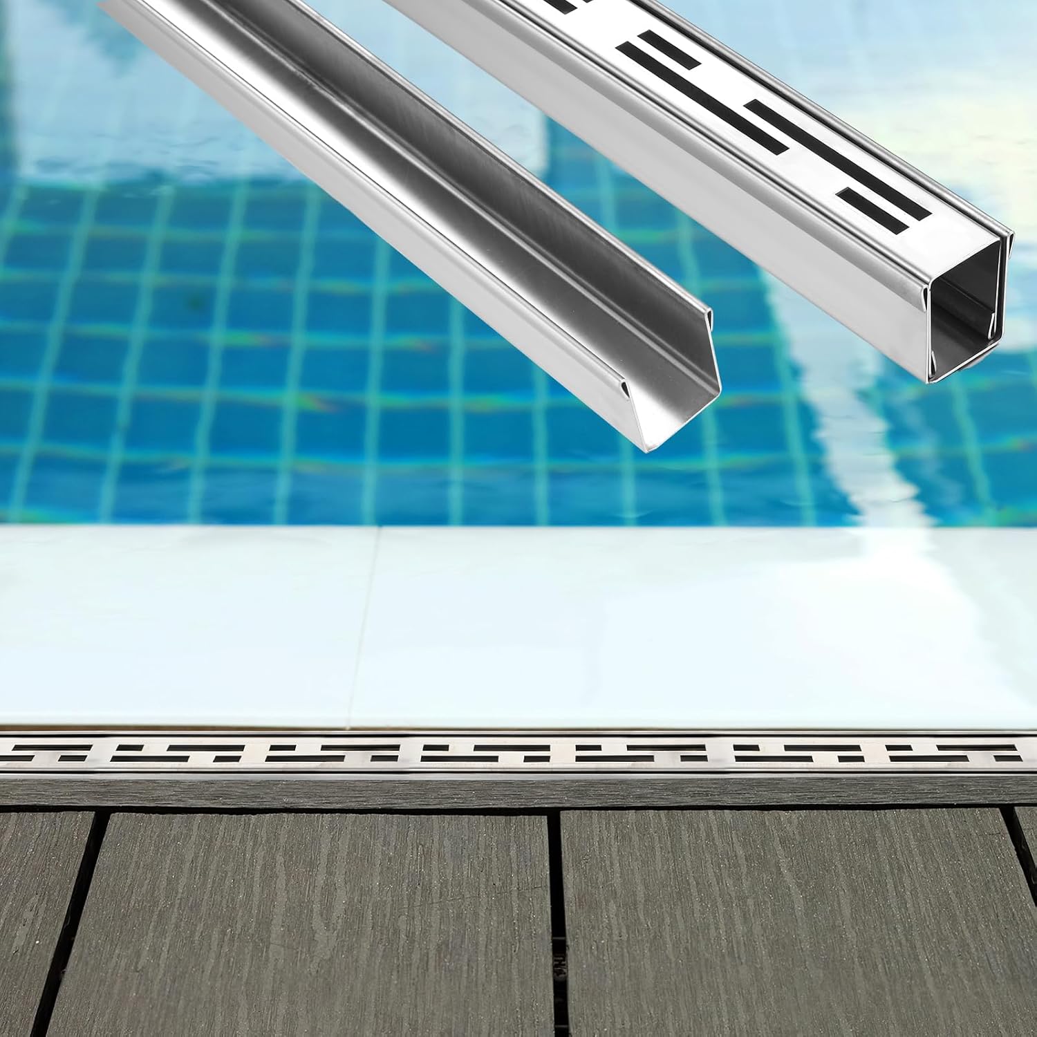 1 Pcs Pool Deck Drain 1.25-inch W x 4-feet L, Silver Outdoor Deck Drainage System 304 Stainless Steel with Coupling, Channel Drain for Integrated Grate/Concrete/Paver/Patios/Walkways