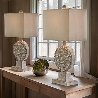 PoKat 21" Farmhouse Vintage Table Lamps Set of 2 Traditional Carved Floral Bedside Lamps Nightstand Bedside Lamp for Bedroom Living Room Rustic Lamps Washed White