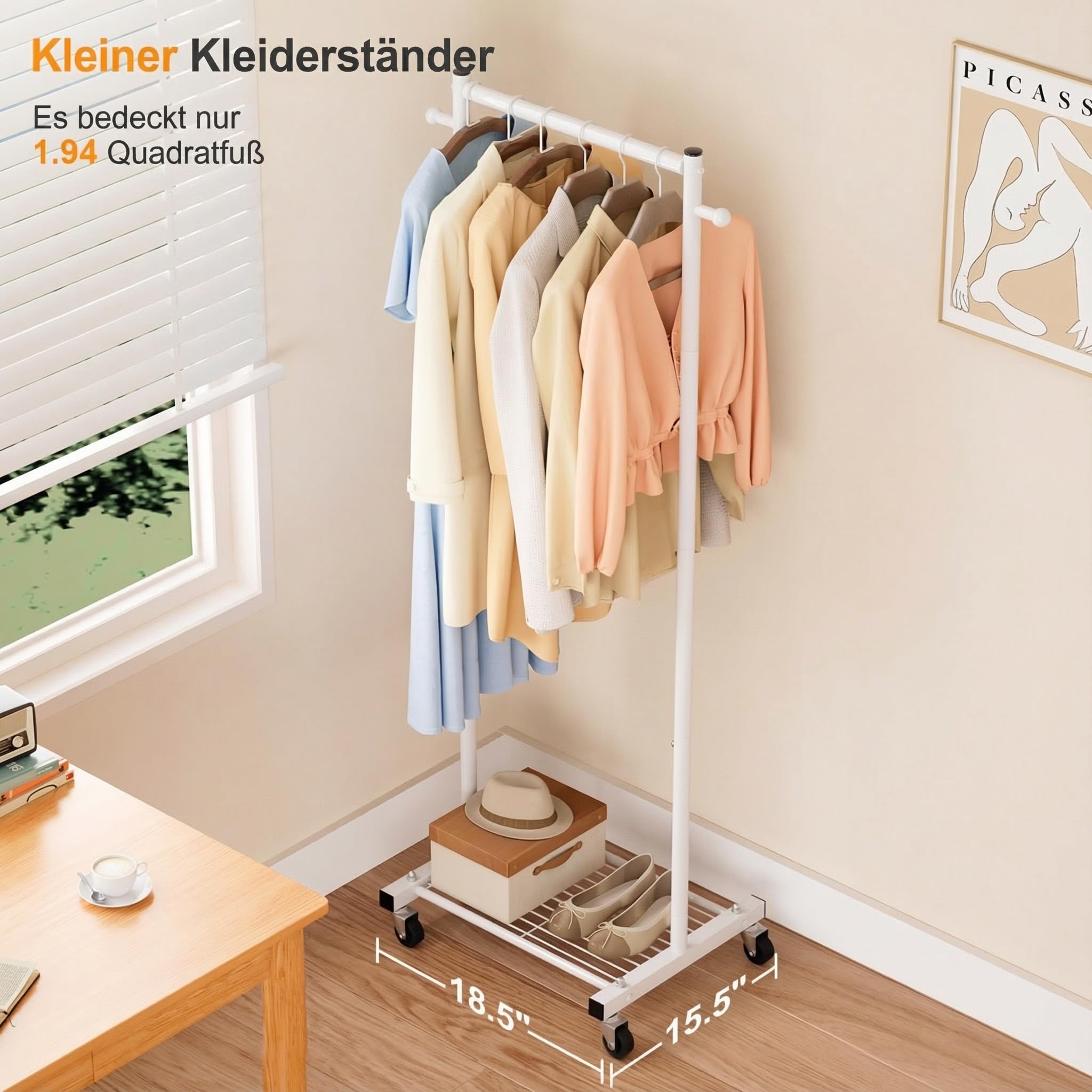 MISSLO Kleine Kleiderständer auf Rollen, Schmal Kleiderstange mit Ablagen, 152 cm Metall Garderobenstange, Tragbarer, Freistehender Roll Kleiderwagen für Kleine Räume, Weiß