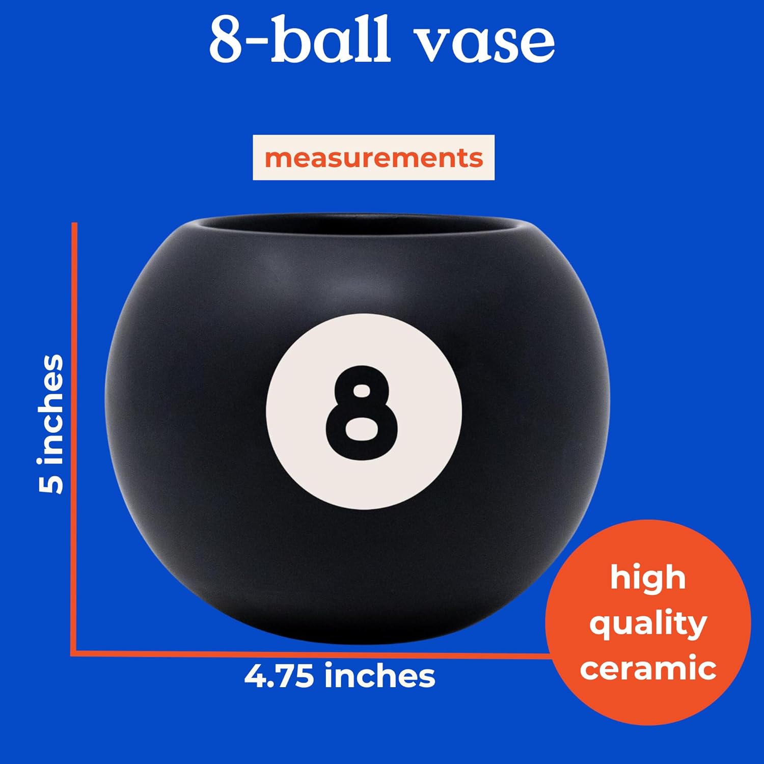 ban.do Novelty 8 Ball Flower Vase, Retro Ceramic Shelf Decor, Unique and Eclectic Vase, 8-Ball