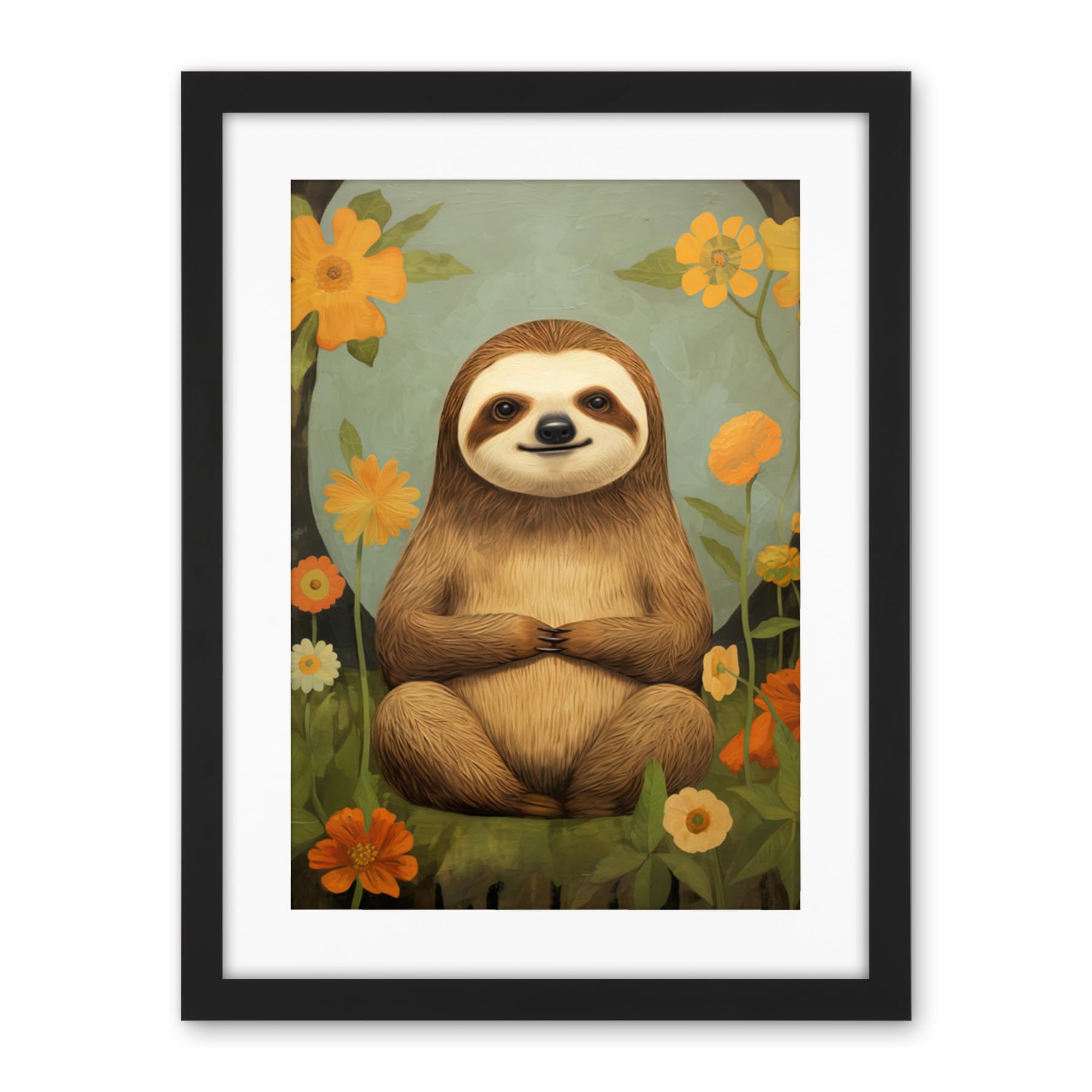 Artery8 Smiling Sloth Meditating in Forest Flowers Kids Bedroom Artwork Framed Wall Art Print 18X24 Inch