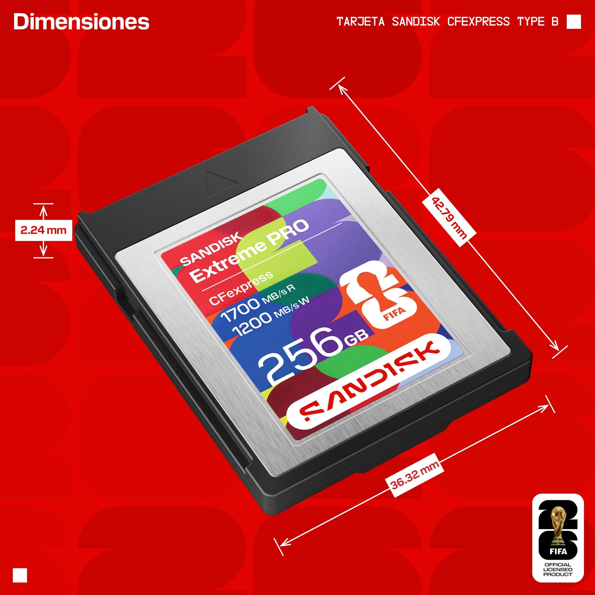 SANDISK CFexpress Tarjeta Type B Edición FIFA World Cup 2026 de 256 GB (velocidades de Lectura ultrarrápidas de hasta 1700 MB/s, graba la Copa Mundial de la FIFA 2026 en hasta 4K Raw)