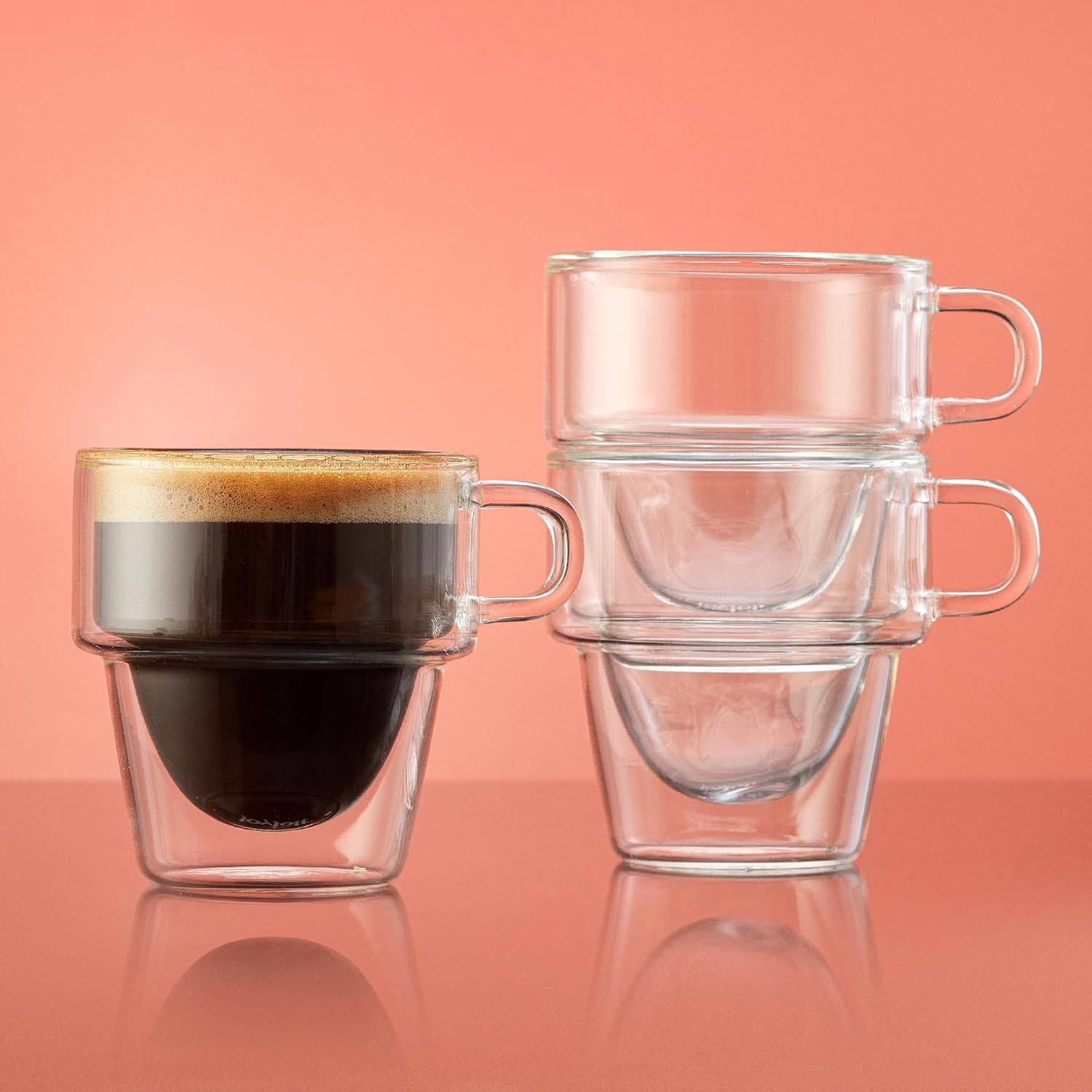 JoyJolt Stoiva Double Wall Insulated Espresso Glass Cups – 5 oz. (150 ml) Shot Cup with Handle – Stackable Thermal Clear Glass Cups, Fit for Espresso Machine and Coffee Maker – Set of 4 - Image 6
