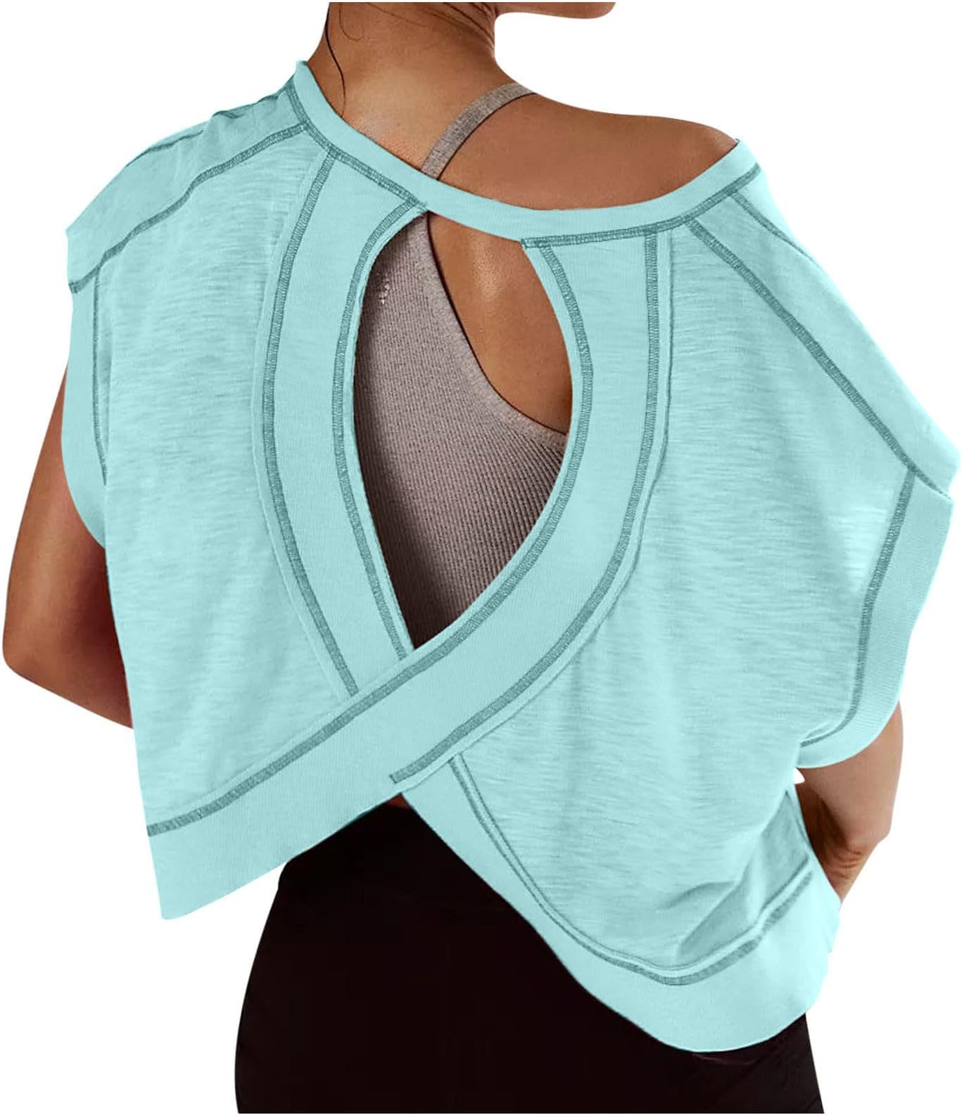 Womens Open Back Workout Tops Short Sleeve Y2k Yoga Shirts Athletic Gym Slouchy Crop Top Casual Backless Running Tees