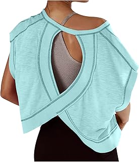 Summer Tops for Womens Open Back Workout Tops Backless Short Sleeve Athletic Shirt Running Crop Top Gym Yoga Tee - Buy now