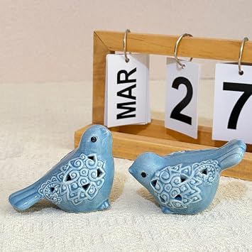 Hand-Painted Ceramic Blue Bird Statue Set of 2 Elegant Handmade Decor for Home, Garden, Coffee Shop Unique Gift for Bird Lovers Light Blue