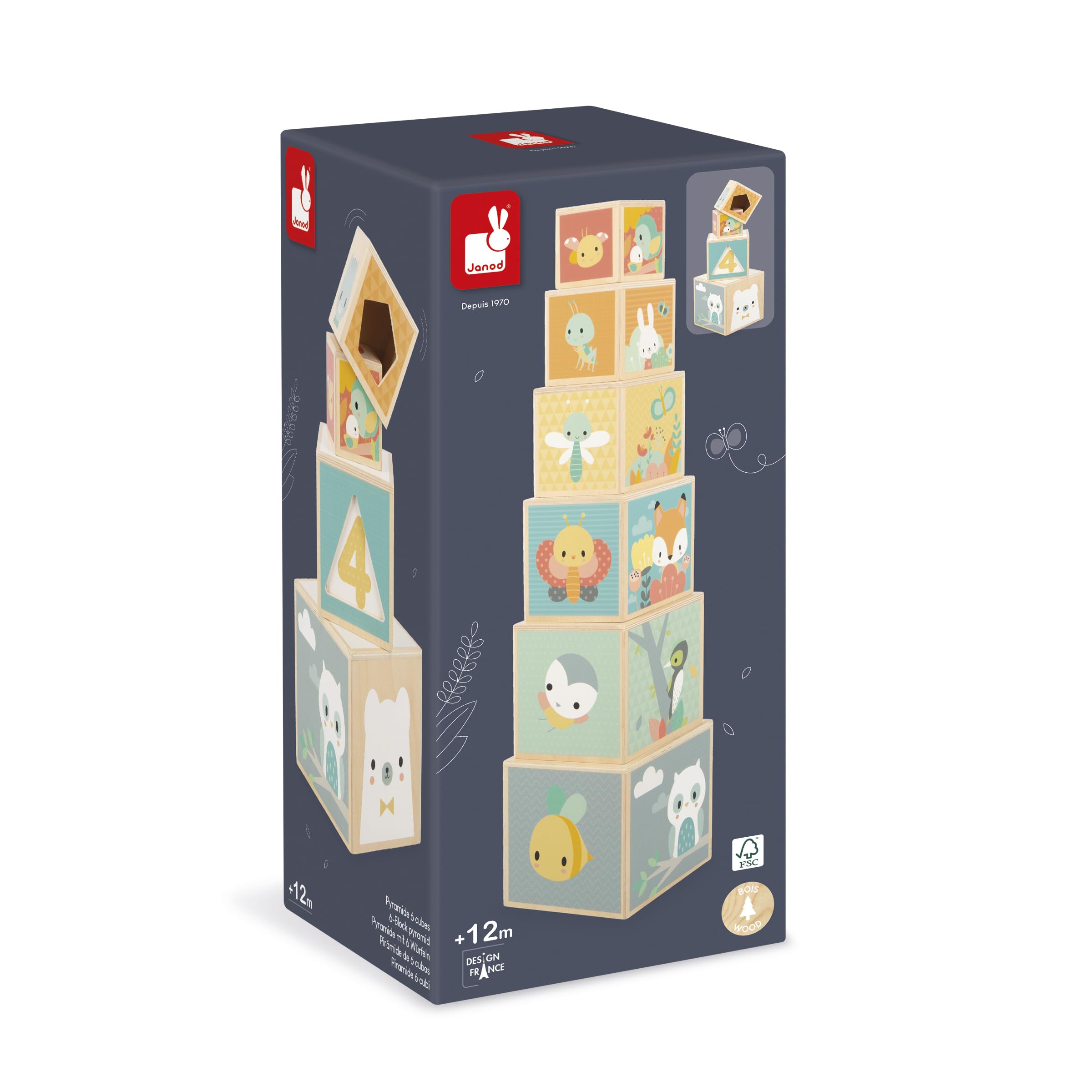 Janod Pyramide en Bois d'Éveil-6 Cubes à Empiler-Jouet d'Empilement d'Encastrement-Développe Dextérité et Imagination-Premier âge-da 12 miesięcy, J05147