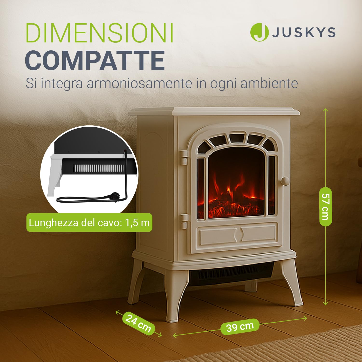 Juskys Camino elettrico 2000 W – Bianco, caminetto autoportante con effetto fiamma, 2 livelli di calore, termostato e spegnimento di sicurezza per il soggiorno