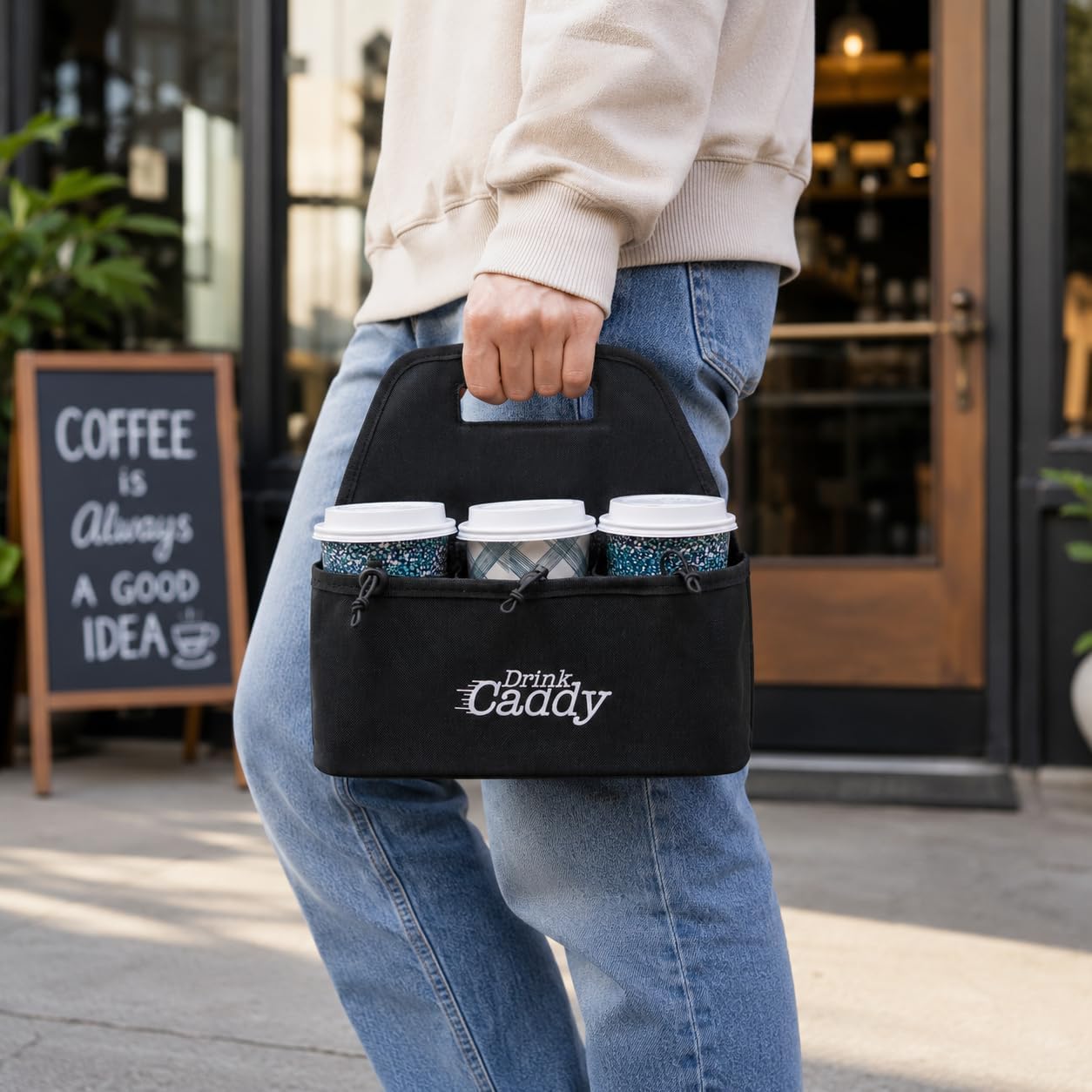 Drink Caddy Portable Drink Carrier, 6 Cup Collapsible Coffee Holder, Black image 3
