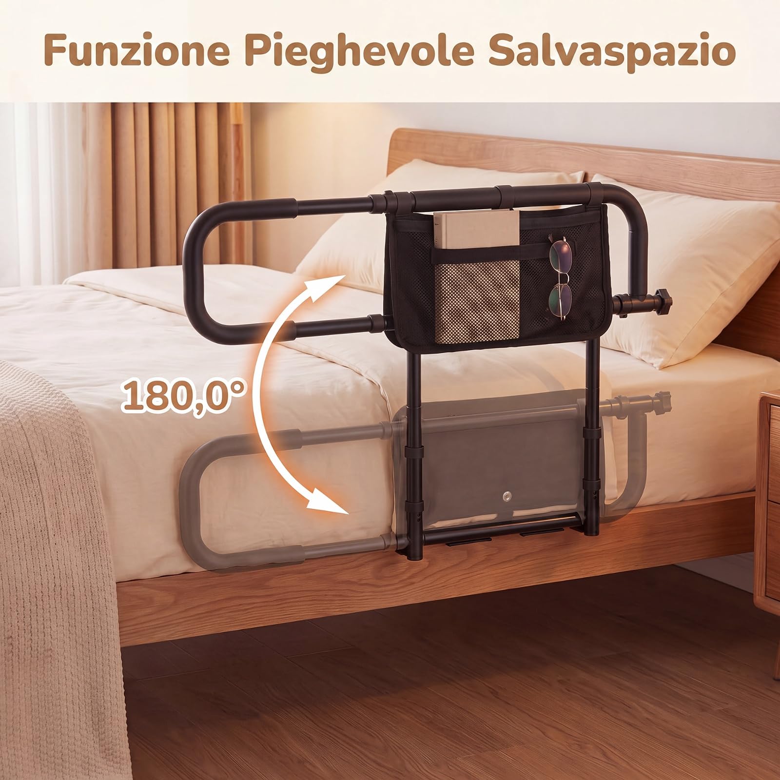 RELAX4LIFE Sponda Letto Anziani, Altezza e Larghezza Regolabili (Nero) | Sbarra Letto Pieghevole con Maniglia Imbottita e Tasca Portaoggetti Rimovibile, Ausili per Alzarsi per Anziani e Pazienti