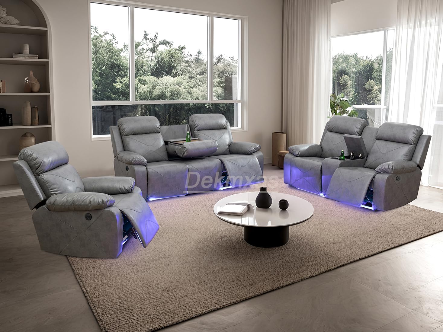 Dekmxas Gray Leather Living Room Sofa Set - 3PCS: Sofa, Loveseat & Chair with Storage Console, Cup Holder, LED Light, USB Port
