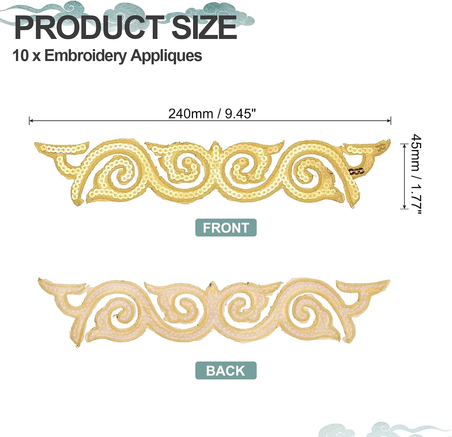 PATIKIL 10 Pack 9.4" Embroidery Sequin Appliques for Sewing, Embroidered Applique with Gold Trimming Floral Sew Iron on Patch for DIY Sewing Crafts Wedding Clothing Decor, Gold image 2