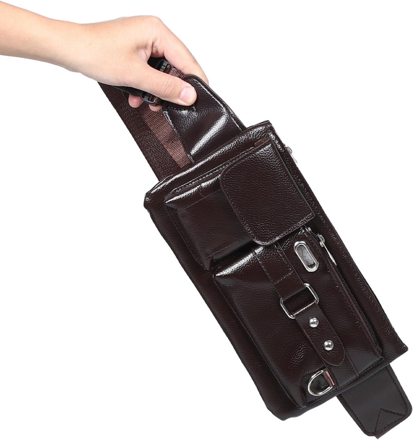Retro Men's Sports Waist Bag Pu Brown Adjustable Outdoor Pack image 4