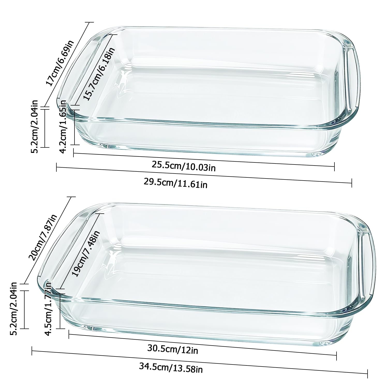 Lot de 2 plats à gratin en verre, 34,5 x 20,3 x 5,2 cm + 29,5 x 17 x 5,2 cm, grand plat à lasagnes, assiette à dessert tiramisu, plats pour la préparation des repas (2,2 l + 1,6 l)
