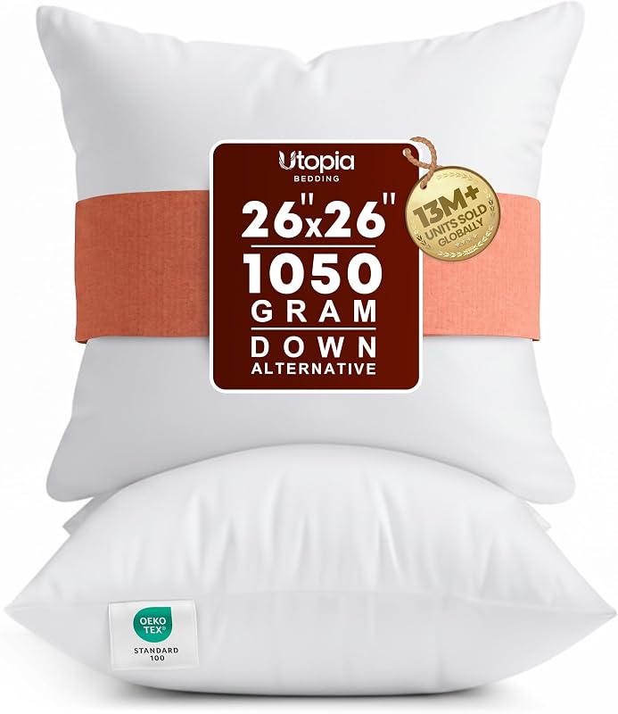Insertos de almohada de 26 x 26, almohadas blancas para sofá, paquete de 2 | Insertos de cojines de interior para cama, sofá y sofá, Cojines decorativos mullidos y de apoyo para la comodidad diaria, Juego de 2, Blanco