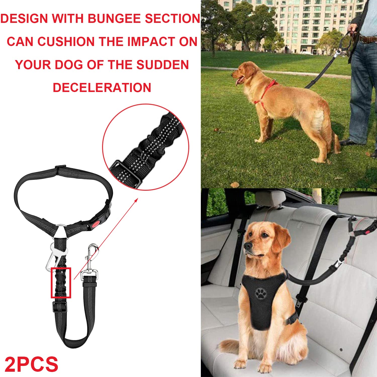 Ceinture De Sécurité Pour Chien 2-en-1 - Harnais Réglable Avec élastique - Pour Voiture Et Promenade