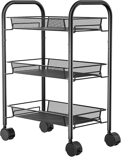 Pipishell Storage Trolley 3-Tier Mesh Wire Rolling Cart, Kitchen Unit on Wheels, Utility Metal with 3 Baskets Lockable for Home Office, Black, PIUC01