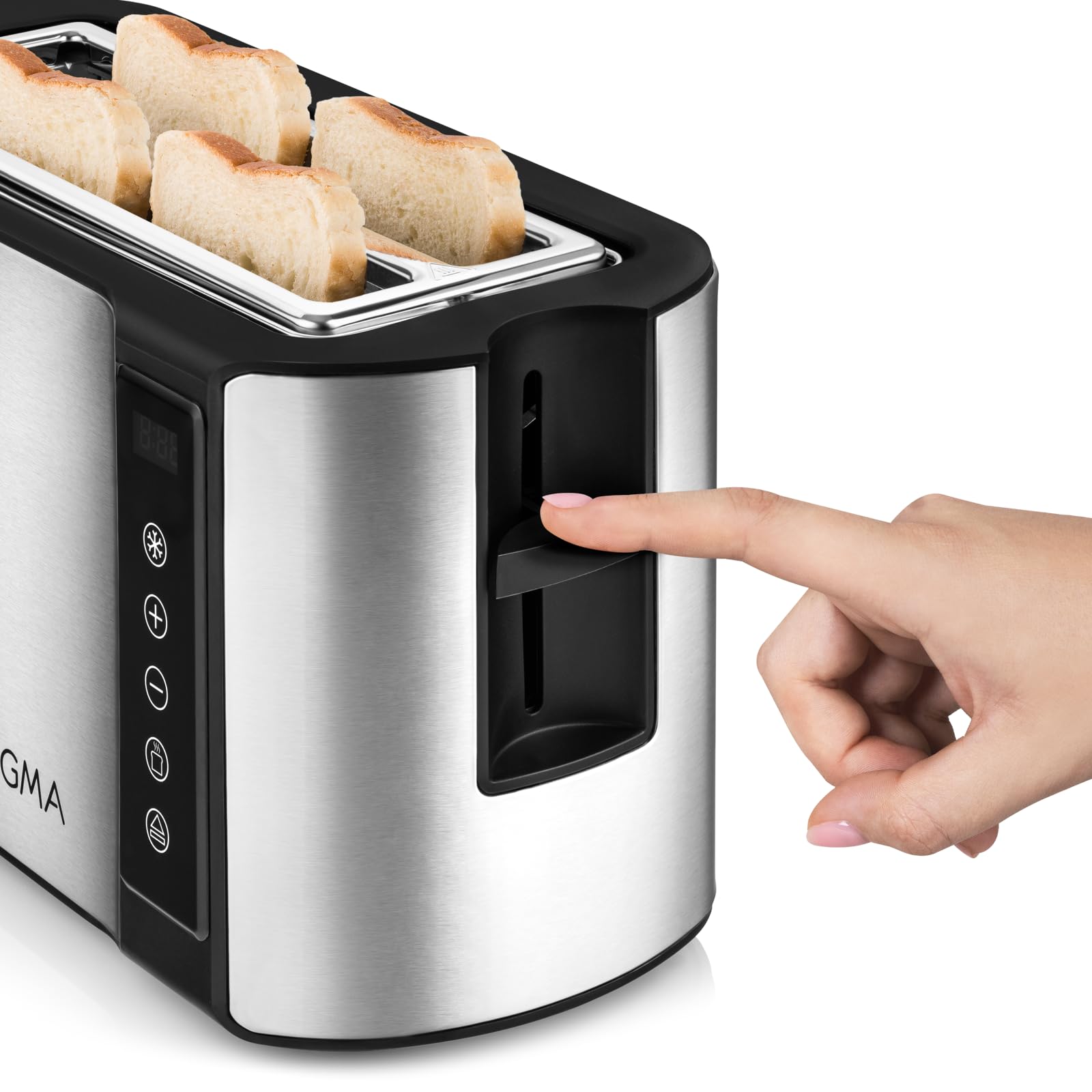 ZEEGMA TOSTEE CHEF Toster do Chleba na 4 Kromki ze Stali Nierdzewnej, Stojak na Bułki 1500 W, Rozmrażanie Odgrzewanie i Stop, Tacka na Okruchy, Wyświetlacz LED Timer, 7 Stopni