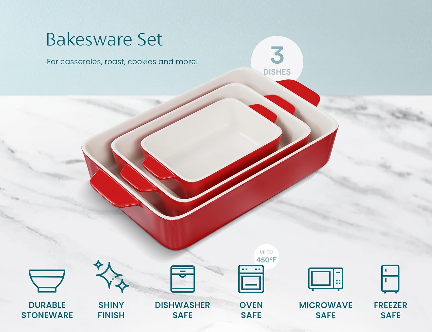 Kook Ceramic Bakeware Set, Rectangular Baking Dishes, For Casseroles, Lasagna, Cake, Small, Medium & Large Pans, Microwave & Dishwasher Safe, Set of 3, Cherry