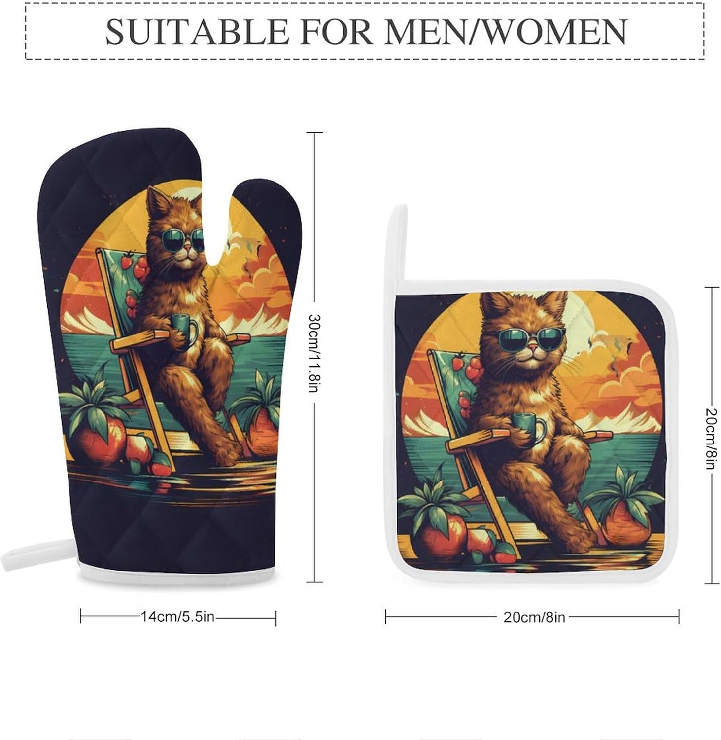 Beach Cat 4 Pcs Oven Mitts and Pot Holders Set High Heat Resistant Long Kitchen Oven Glove Potholders