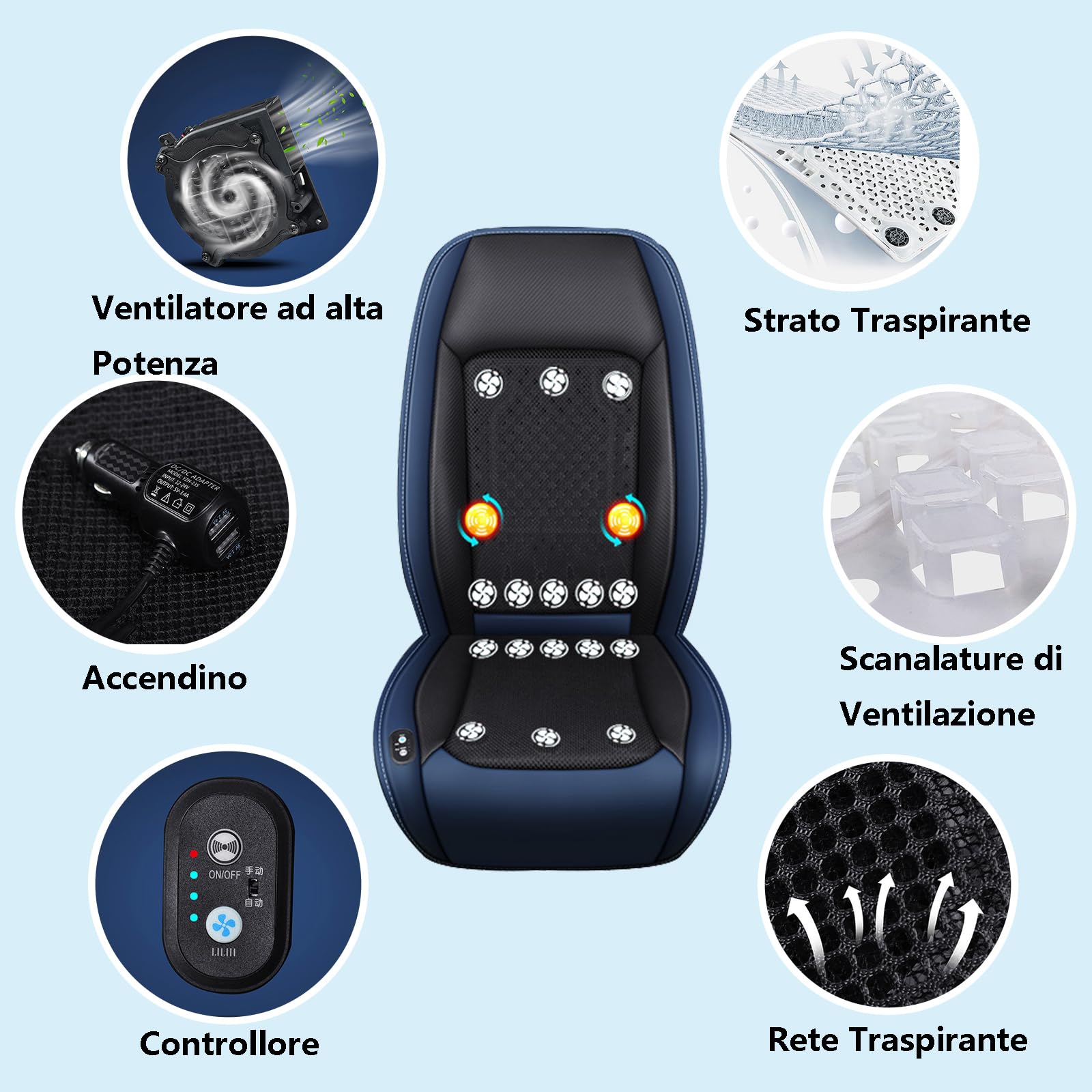 Cuscino Rinfrescante per Sedile Auto 12-24V Coprisedili Anteriori Ventilati con Massaggio Vestibilità Universale Protezione per Seggiolino Auto di Raffreddamento 1 Pezzo (16 Ventilatore Blu)