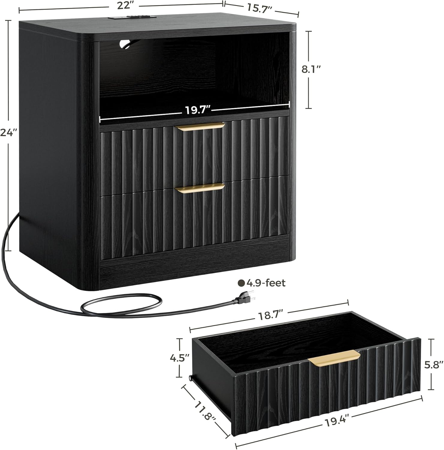 IRONCK Fluted Night Stand, Modern Nightstand with Charging Station, Drawers and Open Shelves - Bedside Table Wood Side Table for Bedroom, Black