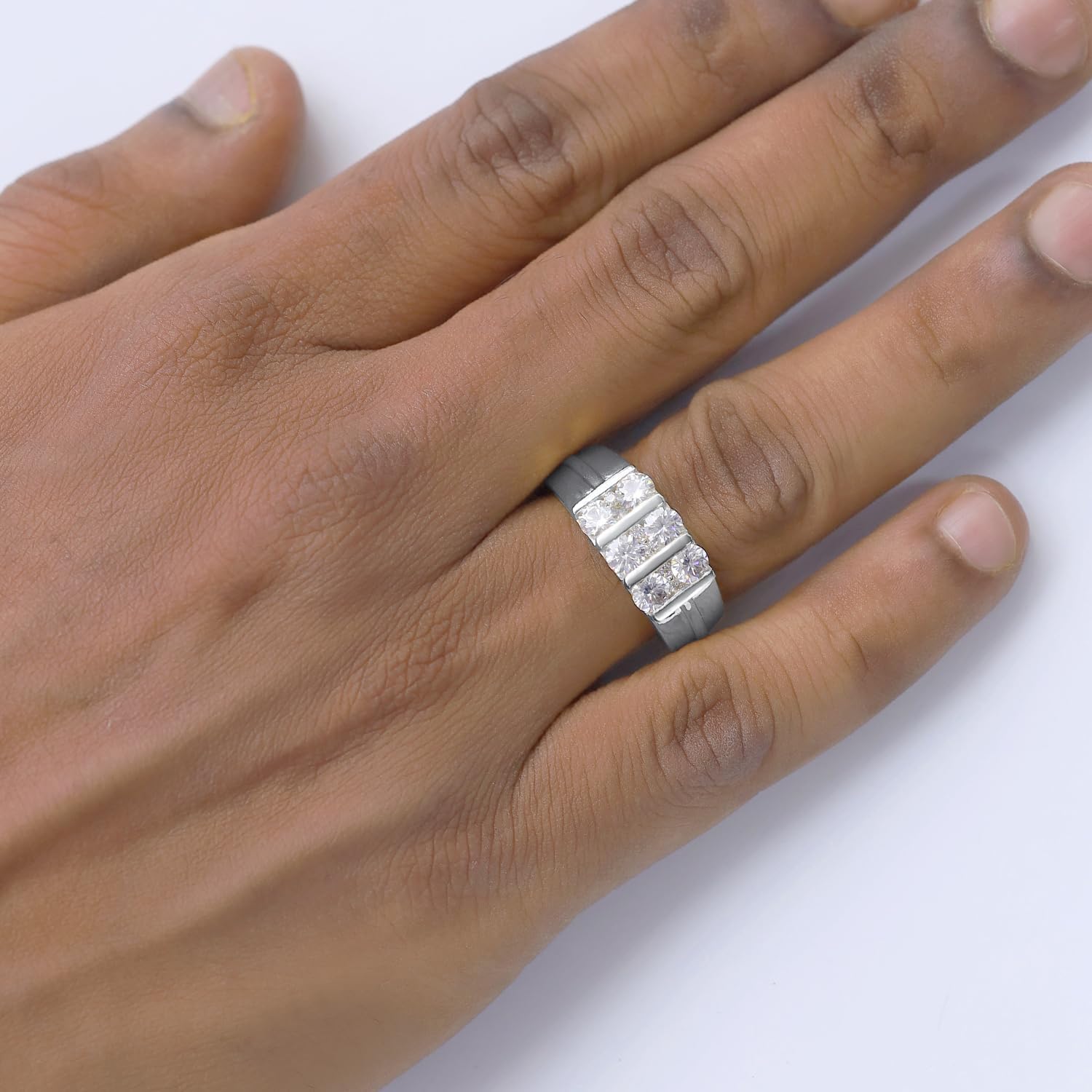 1 1/2 Carat Round Cut Lab Created Moissanite Channel Set Men's Three Row Anniversary Wedding Band Ring In 14K Gold Plated Sterling Silver (VVS1 Clarity, 1.50 Cttw) - Image 3