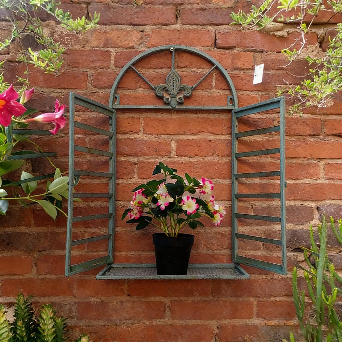 Rustikale Deko-Fenster mit Bogen zum Öffnen Sprossen-Fenster auf Platte Scheunenfenster Fensterrahmen Fensterladen Fenster Attrappe Metall Eisen Wanddekor für Gartendeko (Antik Grün)