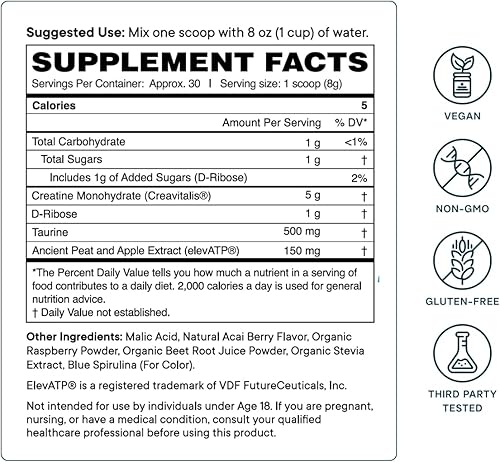 Miniatura 6 de Ora Organic Monohidrato de creatina en polvo  Creavitalis de origen alemán para la fuerza, elevATP para energía, D-ribosa y taurina para la