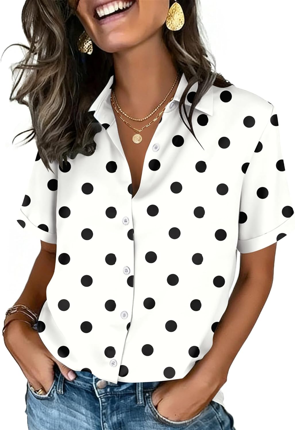 Zeagoo Button Down Shirts for Women Short Sleeve Collared Tops Dressy Casual V Neck Blouses