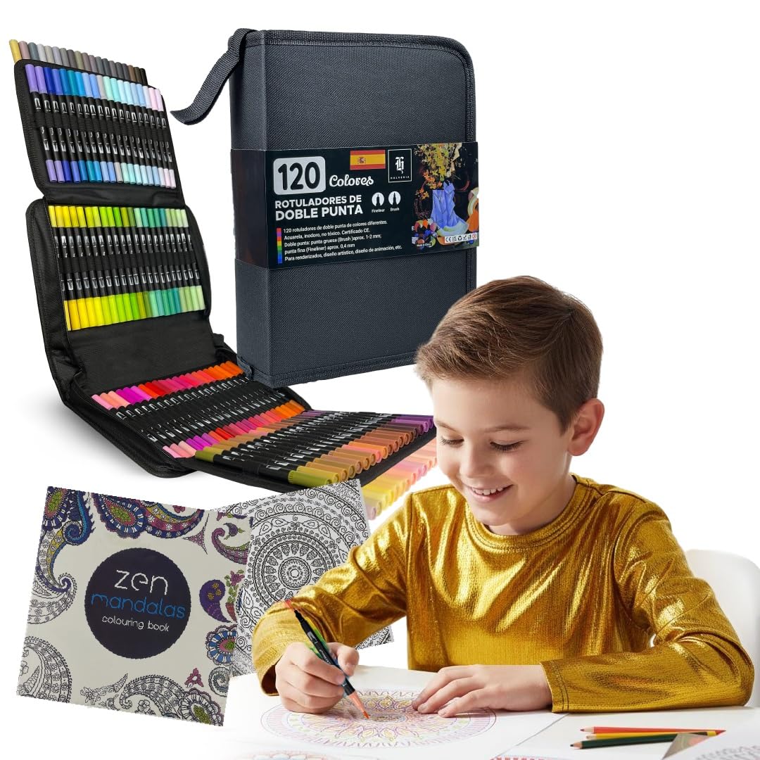 Rotuladores Lettering 120 Colores | Doble Punta: Pincel + Fina 0.4 mm | Set Profesional para Caligrafía, Bullet Journal, Scrapbook, Dibujo y Manualidades | Tinta Acuarelable + Estuche