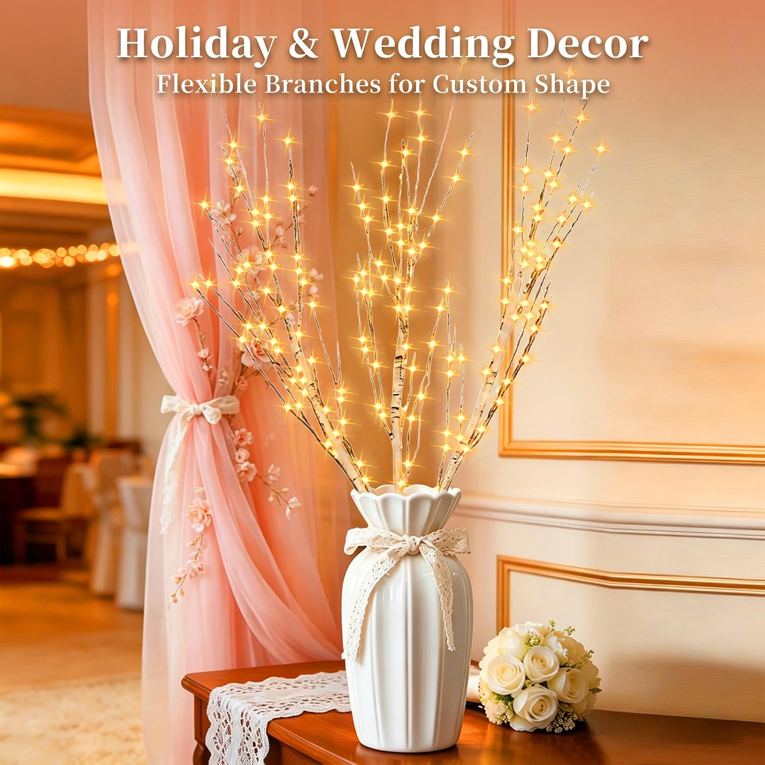 Lighted Birch Branches Plug in with Timer 33IN 180 LED Lights, Twinkling Light Up Birch Tree, DIY Flexible Branches for Christmas Fireplace Room Vase Decoration,Bedroom, Wedding, Party(Vase Excluded)