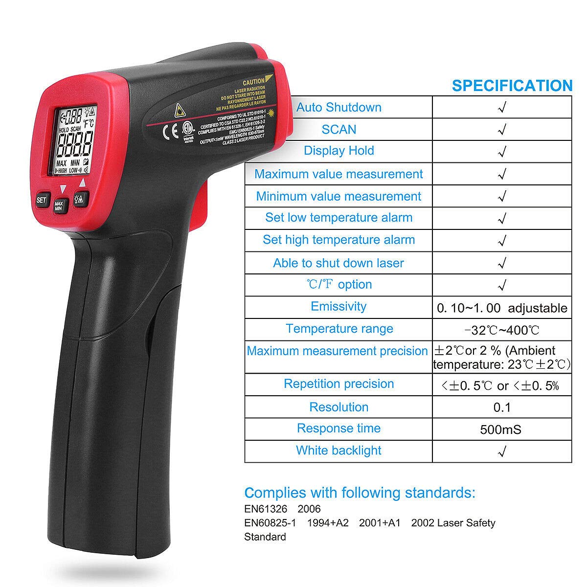 UNI-T UT300S Infrared Thermometer Gun -26°F to 752°F (-32°C to 400°C) Non-Contact Digital IR Temperature Gun with Adjustable Emissivity, HVAC/Engine/Exhaust/Food Safety/BBQ Industrial