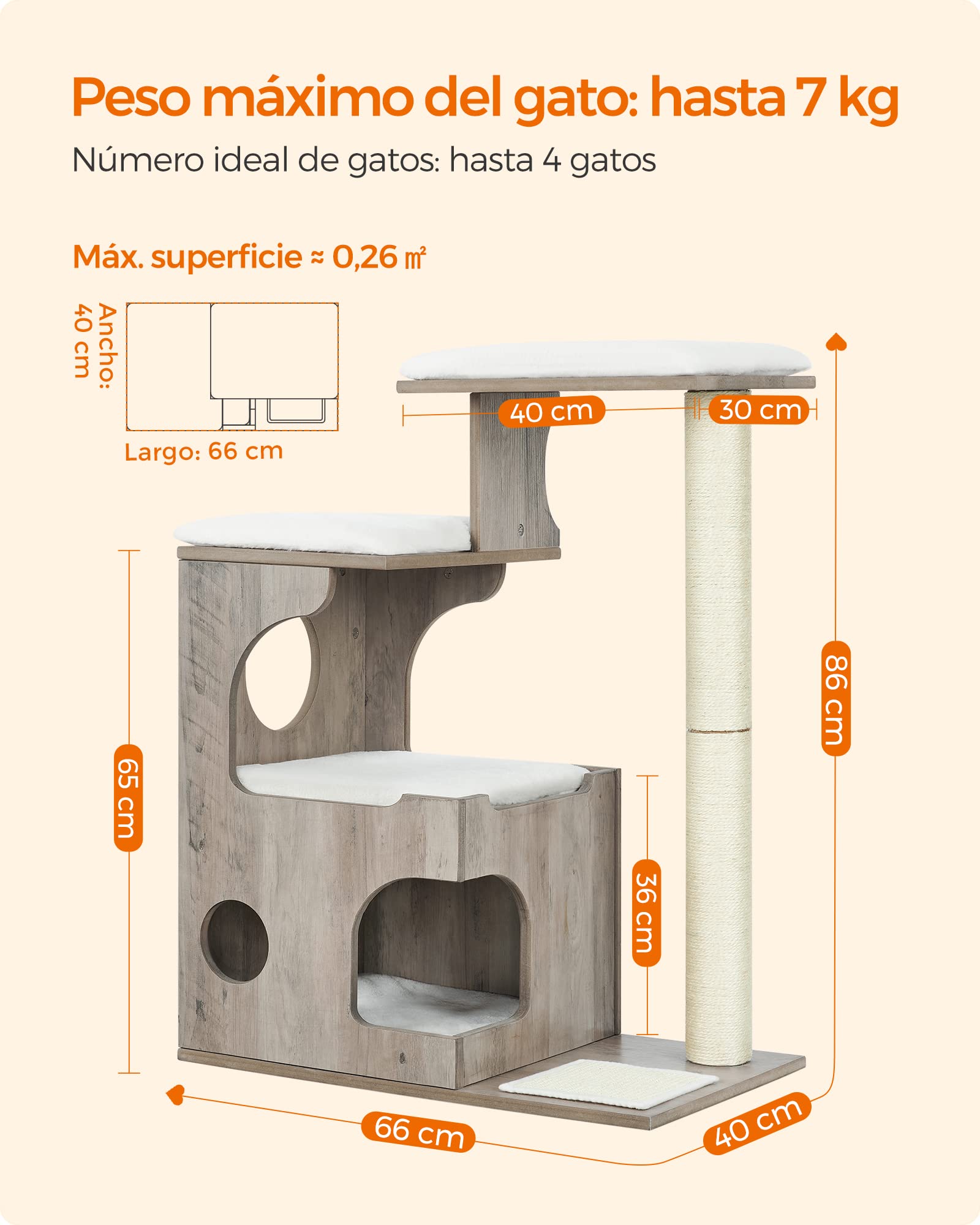 Feandrea Árbol de Gatos, Tablero de aglomerado de 86 cm de Altura, con Poste de Sisal, Plataforma, Cubierta de Piel Sintética Lavable, Greige Melange PCT070G01