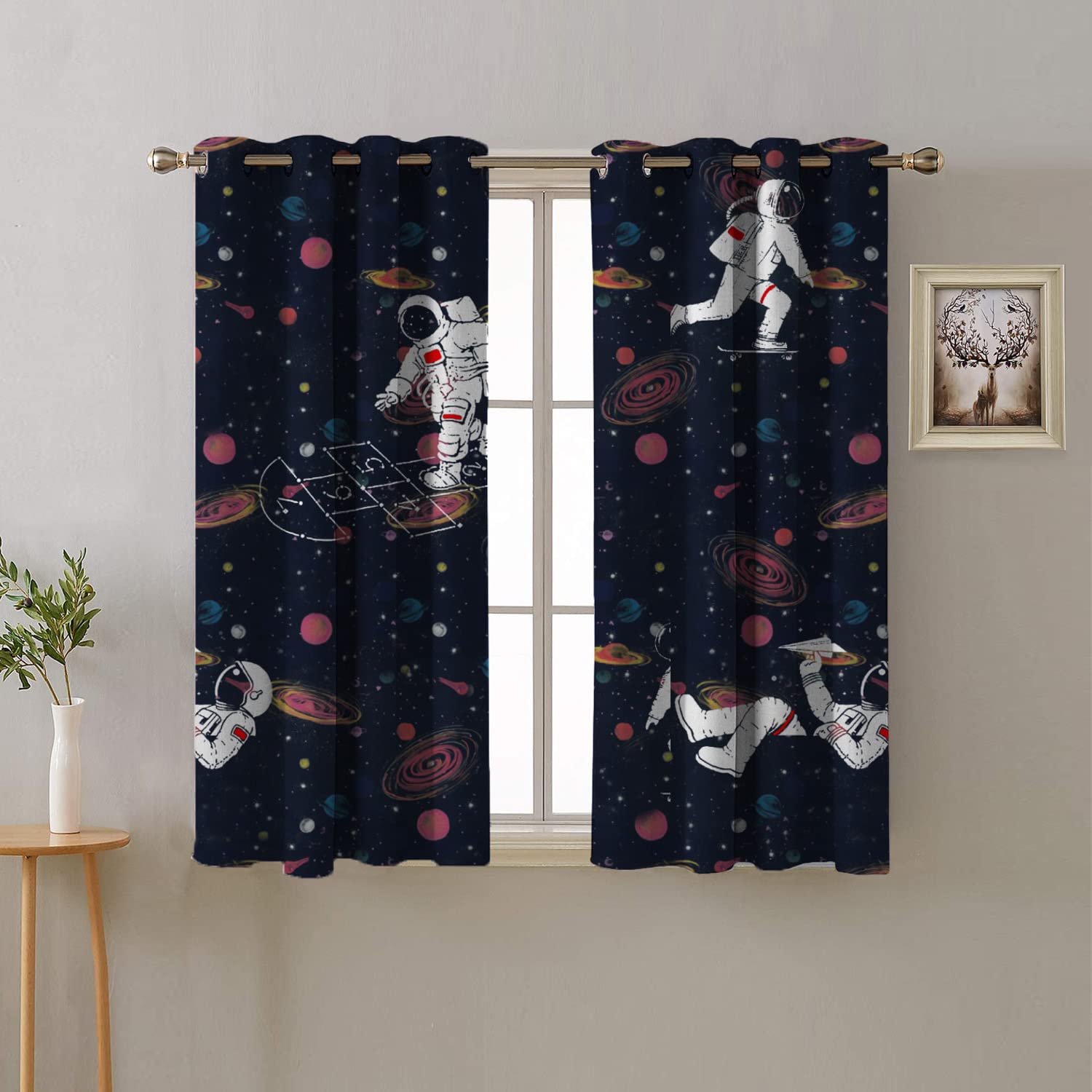 SPACES DRAPE STORY Polyester Digital Space Printed Room Darkening Semi Sheer Grommet Curtains For Kids Room, Set Of 2 5Ft Window Curtain- Blue