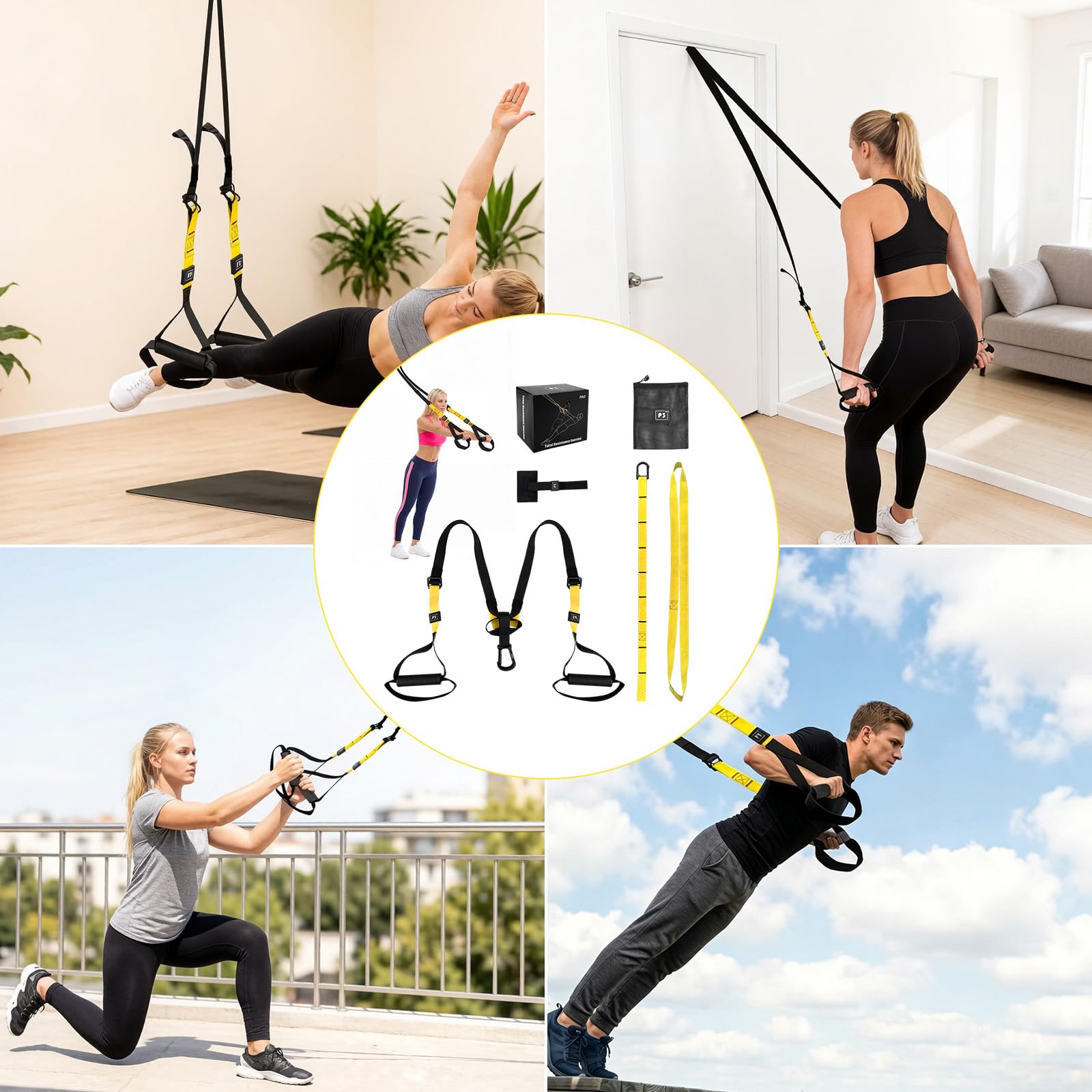 Kit per Allenamento a Sospensione, Allenamento in Sospensione con Ancoraggio per Porta, Sling Trainer Set, Fitness Da Casa, Outdoor Fitness Gym, per Indoor e Outdoor, Nero e Giallo