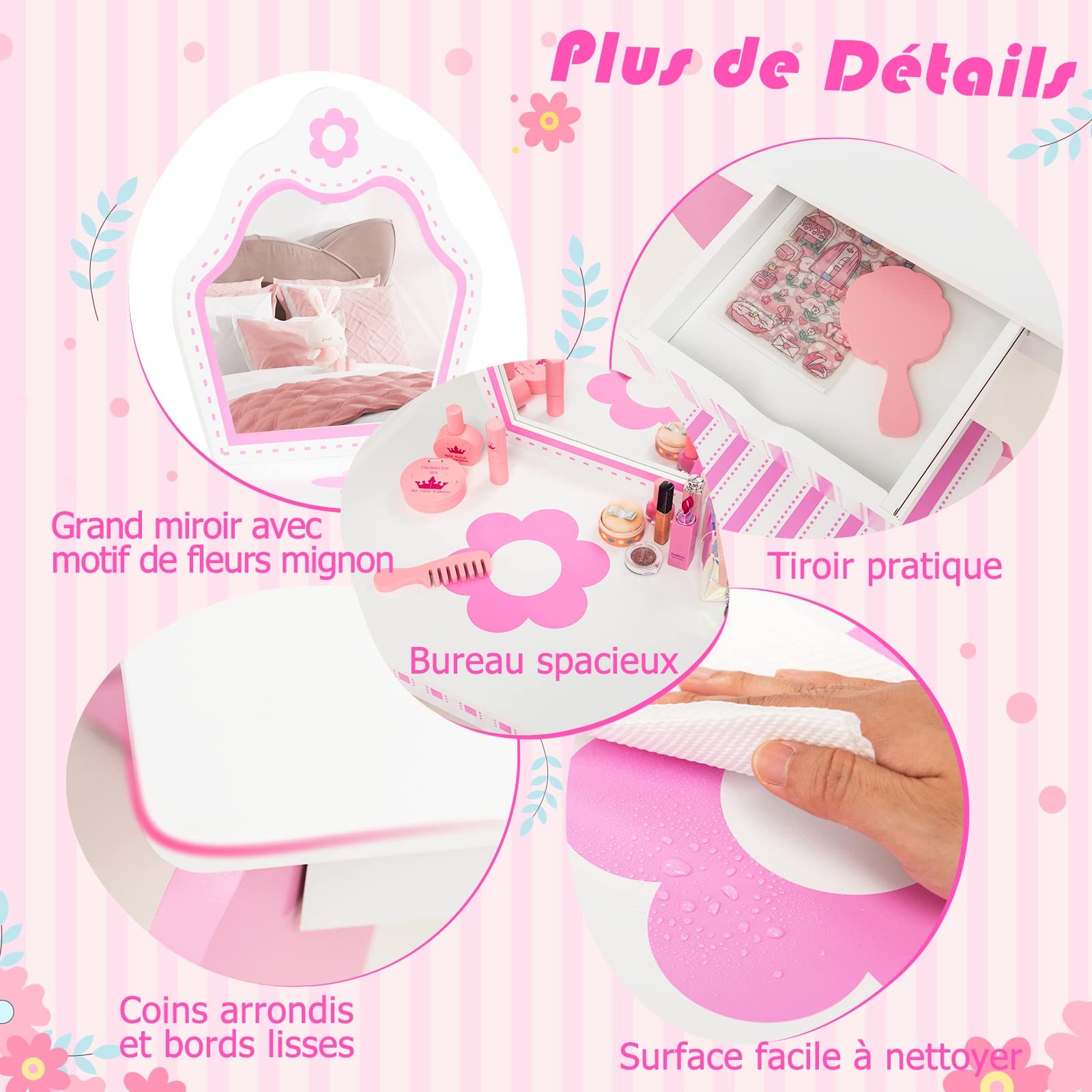 Coiffeuse Princesse DREAMADE Coiffeuse Pour Enfant 2 En 1 Avec Miroir Amovible Et Tabouret, Table De Maquillage Princesses Pour Fille Avec Tiroir Et Jolis Motifs, 49 X 34 X 89 CM, Rose/Blanc