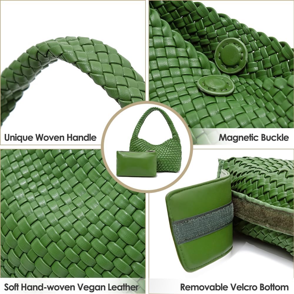 Woven Underarm Bag Vegan Leather Tote Bags, Top-handle Shoulder Bag Hobo Handbag with Purse