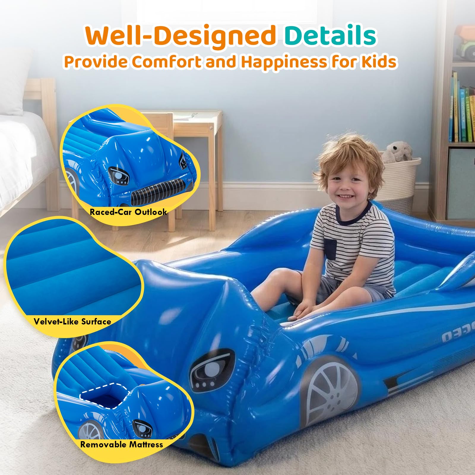 Kinder-Luftmatratze aufblasbares Kleinkind-Reisebett mit Seiten, Kinderbettschlafmatte, blau